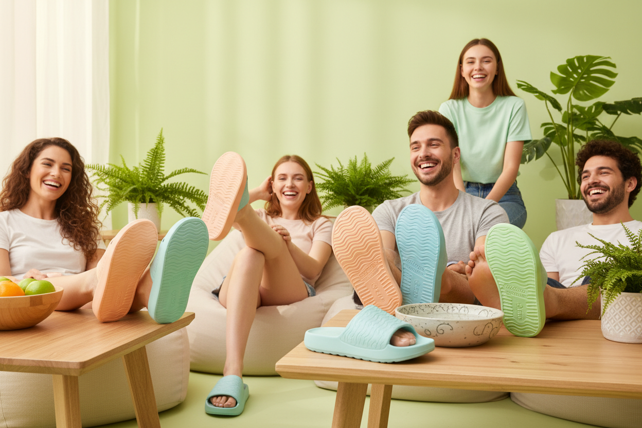 Crestar Women Summer Slippers Indoor Thick Sole Non-slip Bathroom Slides Comfort Soft Sole EVA Sandals Lady Beach Platform Shoes---create a image wearing rubber slippers happy faces with light green bg