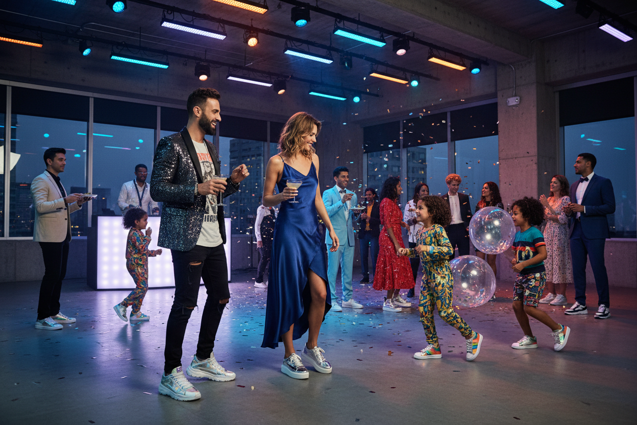 modern mens womens kids party mode showing sneakers wearing